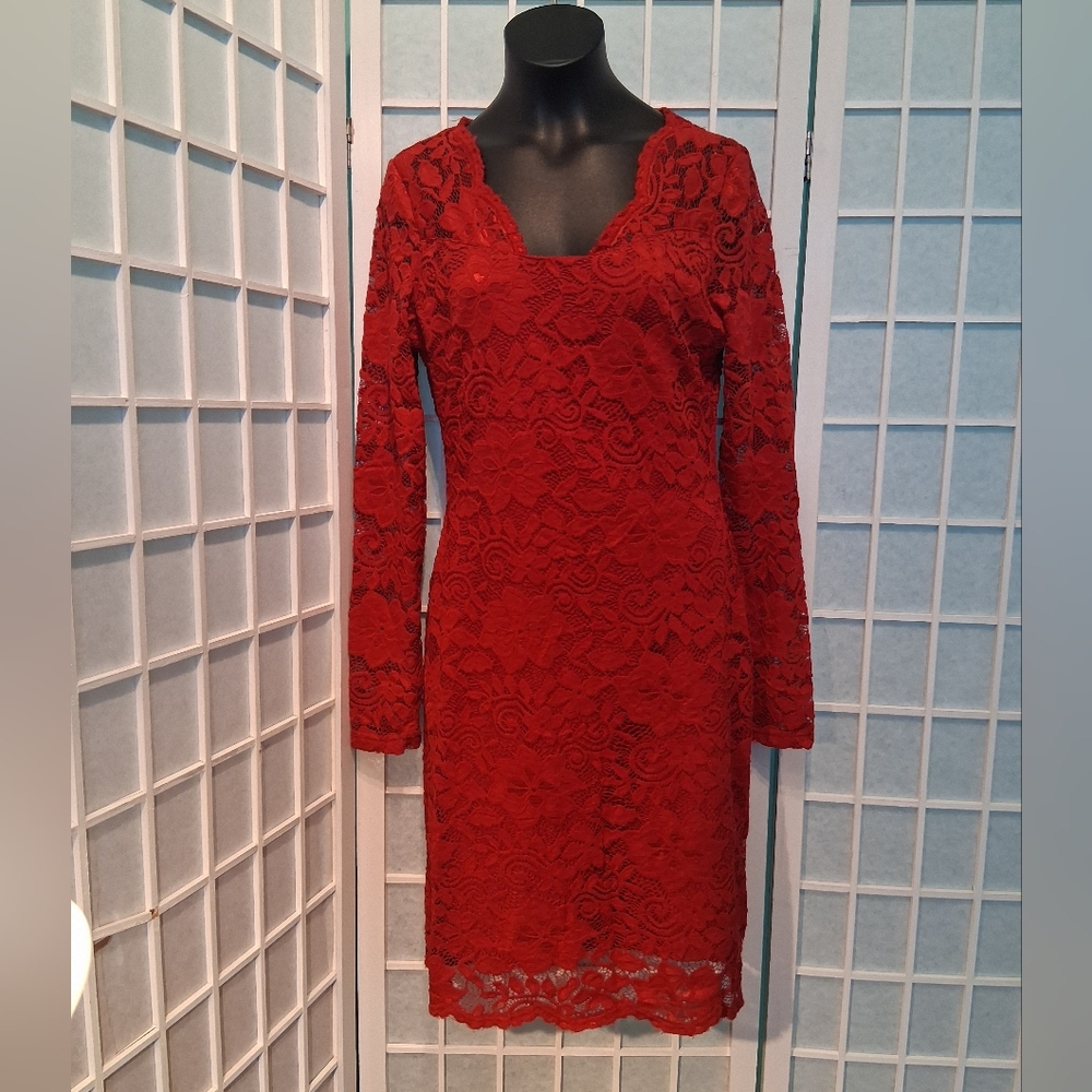 Papillon Blanc Red Lace Long Sleeve Dress 6326